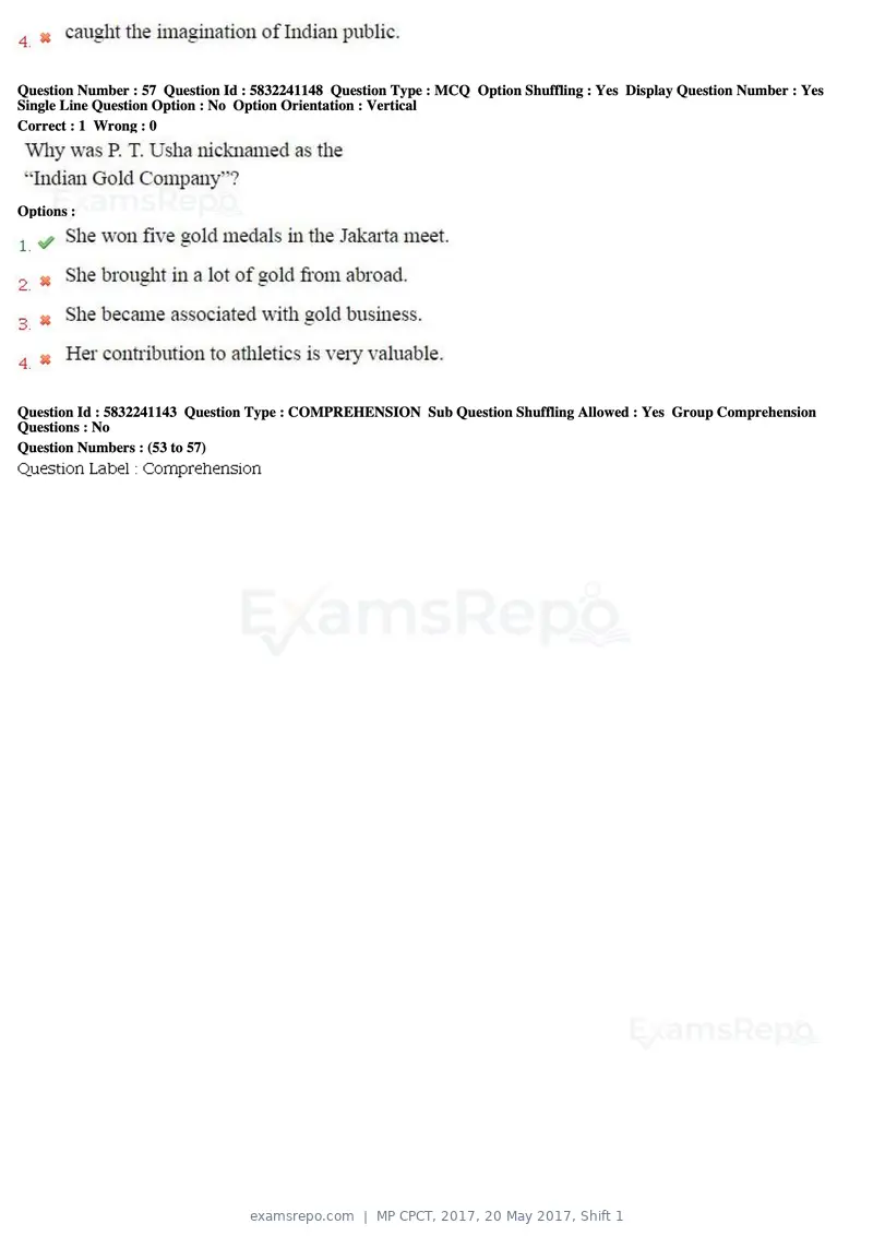 MP CPCT 2017 question paper, 20 May 2017, Shift 1, page 32 of 47