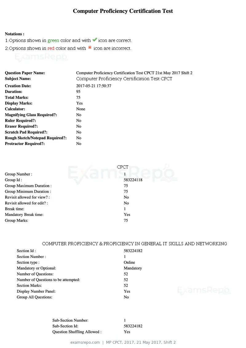 MP CPCT 2017 question paper, 21 May 2017, Shift 2, page 1 of 48
