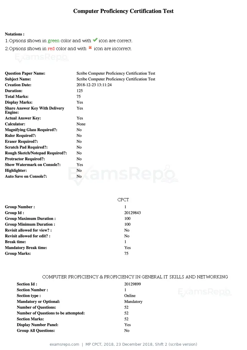MP CPCT 2018 question paper, 23 December 2018, Shift 2 (scribe version), page 1 of 57