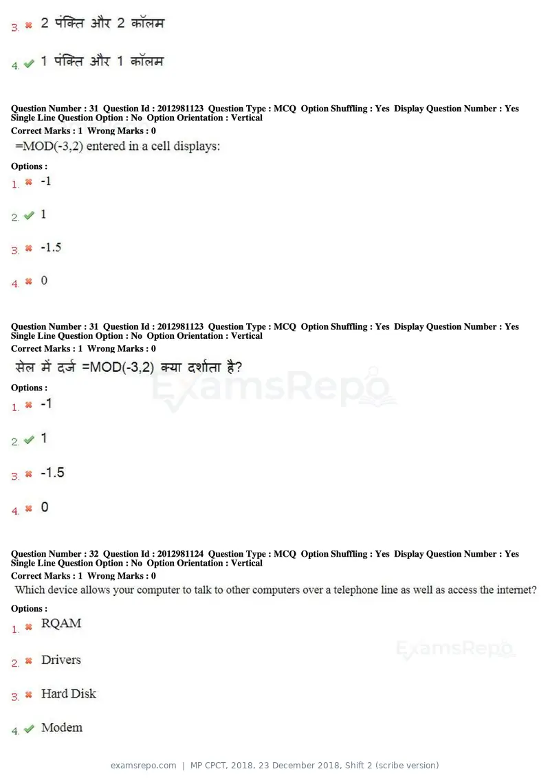 MP CPCT 2018 question paper, 23 December 2018, Shift 2 (scribe version), page 21 of 57