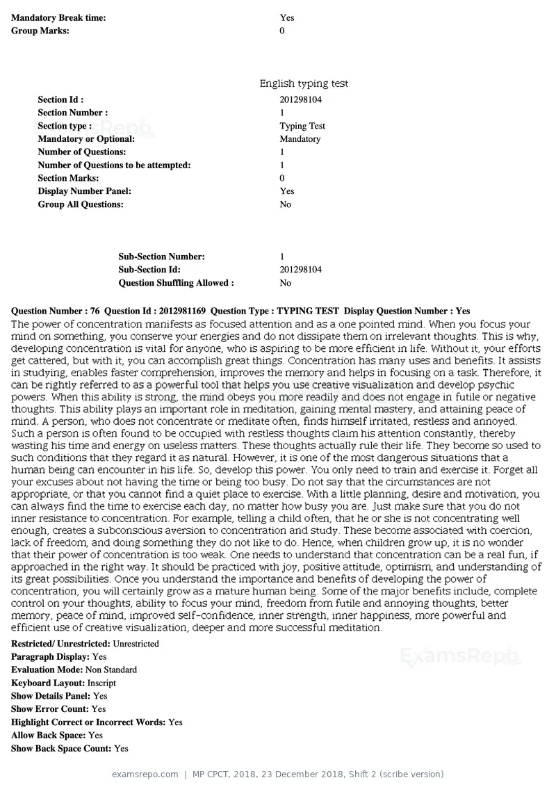 MP CPCT 2018 question paper, 23 December 2018, Shift 2 (scribe version), page 55 of 57