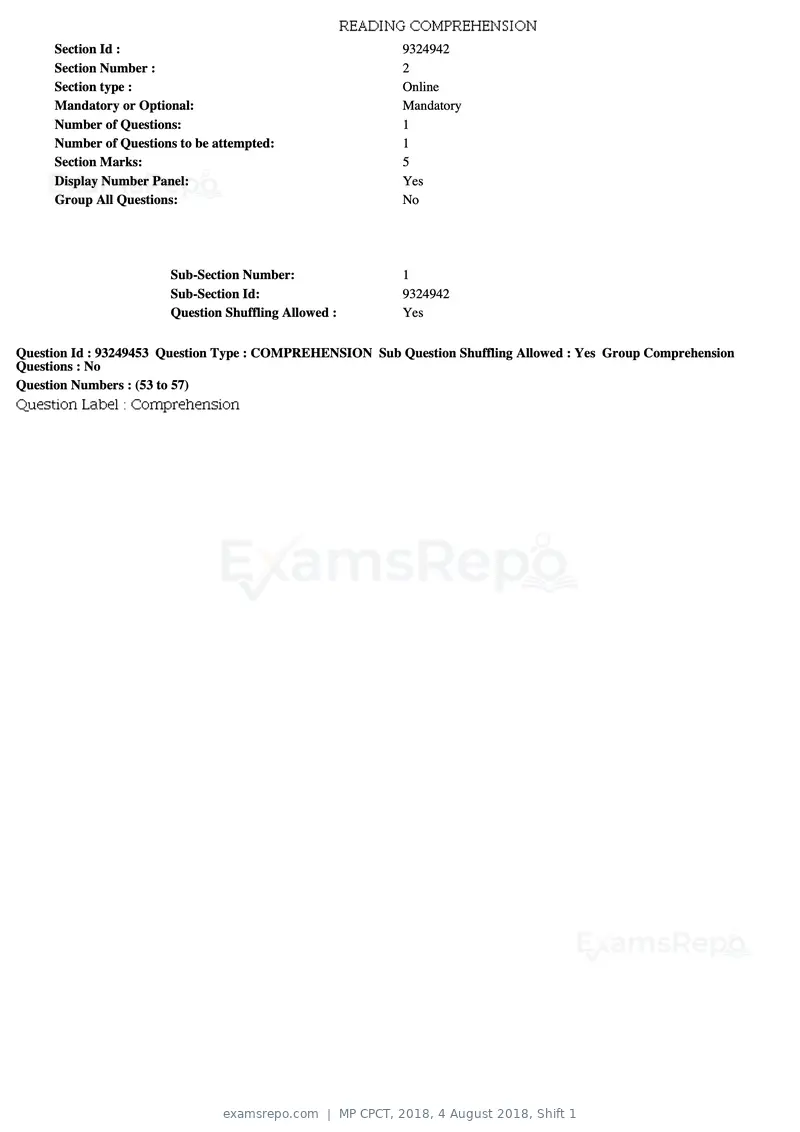 MP CPCT 2018 question paper, 4 August 2018, Shift 1, page 35 of 56