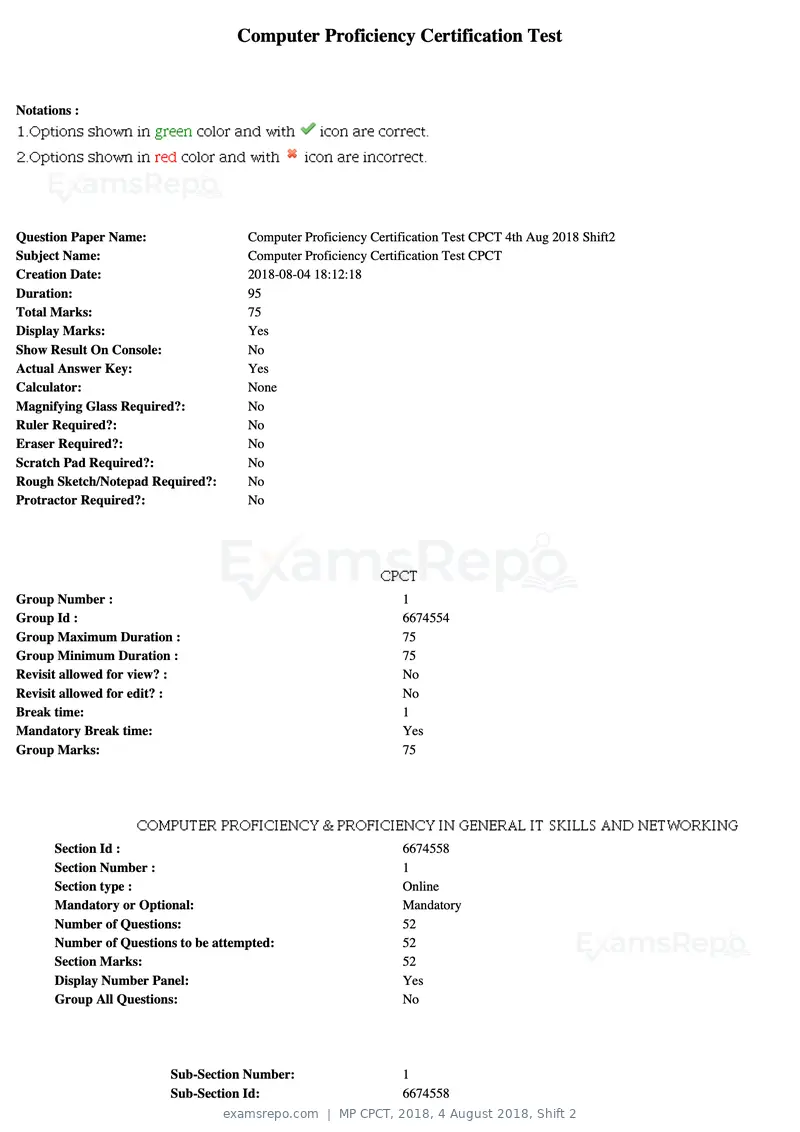 MP CPCT 2018 question paper, 4 August 2018, Shift 2, page 1 of 57