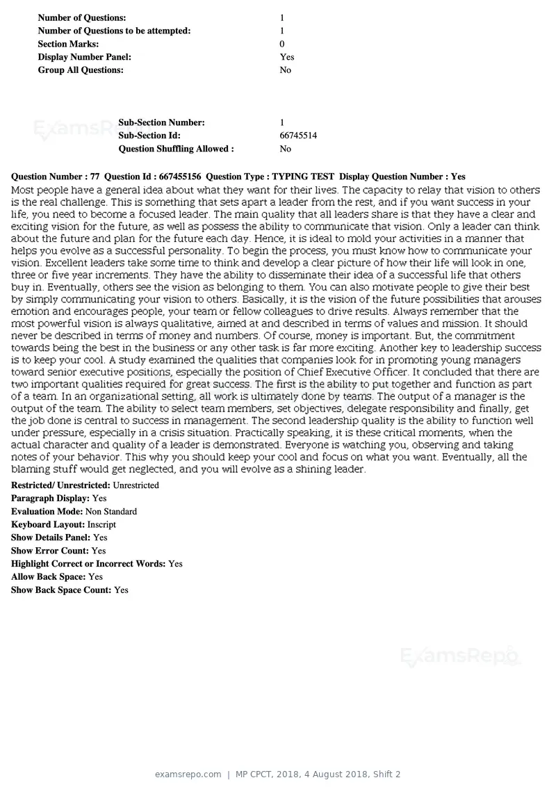 MP CPCT 2018 question paper, 4 August 2018, Shift 2, page 57 of 57