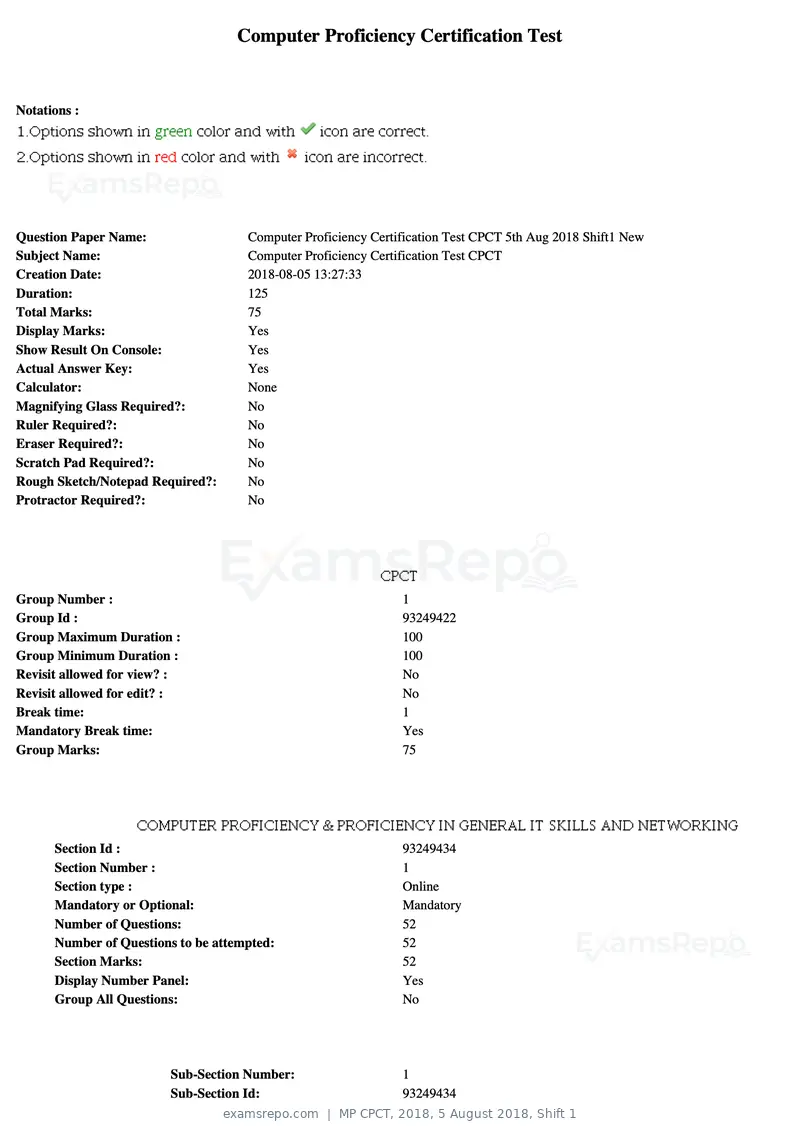 MP CPCT 2018 question paper, 5 August 2018, Shift 1, page 1 of 55