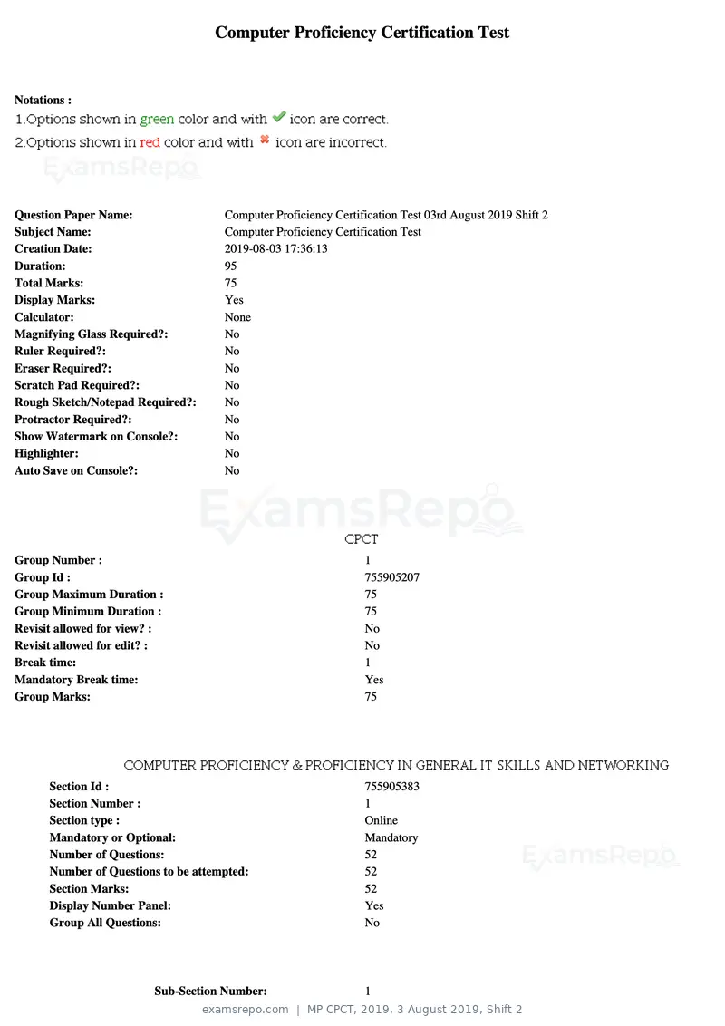 MP CPCT 2019 question paper, 3 August 2019, Shift 2, page 1 of 38