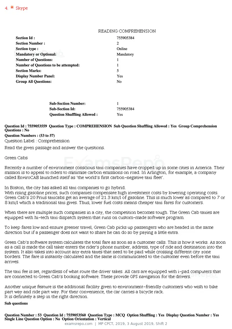 MP CPCT 2019 question paper, 3 August 2019, Shift 2, page 23 of 38