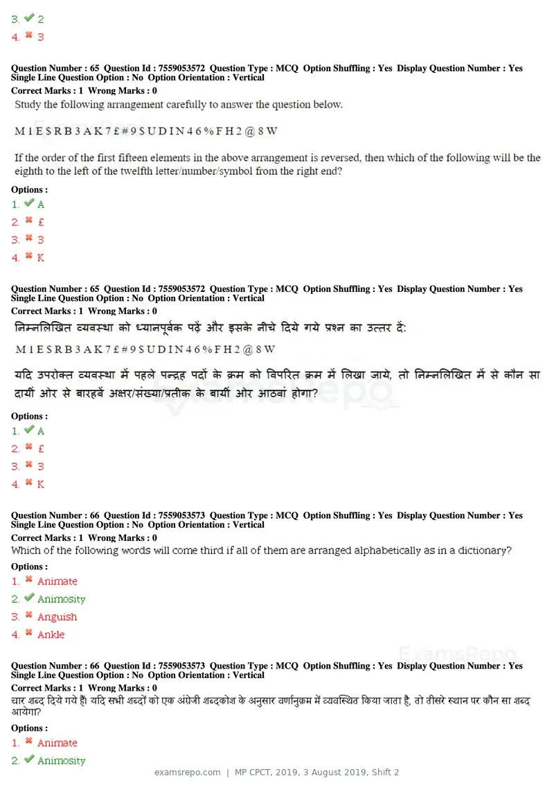 MP CPCT 2019 question paper, 3 August 2019, Shift 2, page 31 of 38