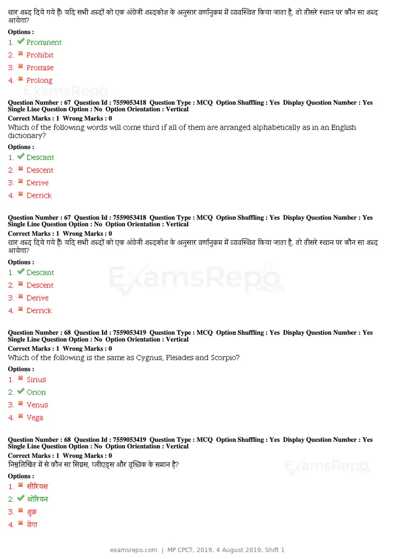 MP CPCT 2019 question paper, 4 August 2019, Shift 1, page 32 of 38