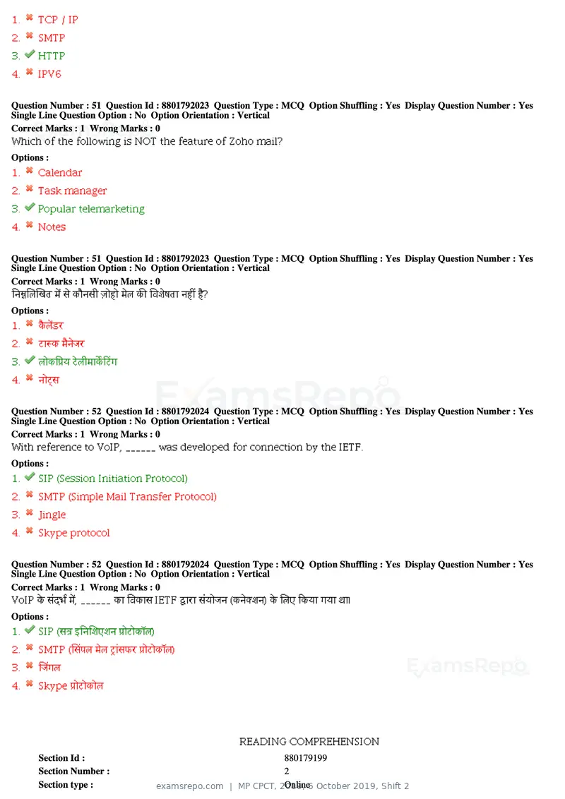 MP CPCT 2019 question paper, 6 October 2019, Shift 2, page 22 of 38
