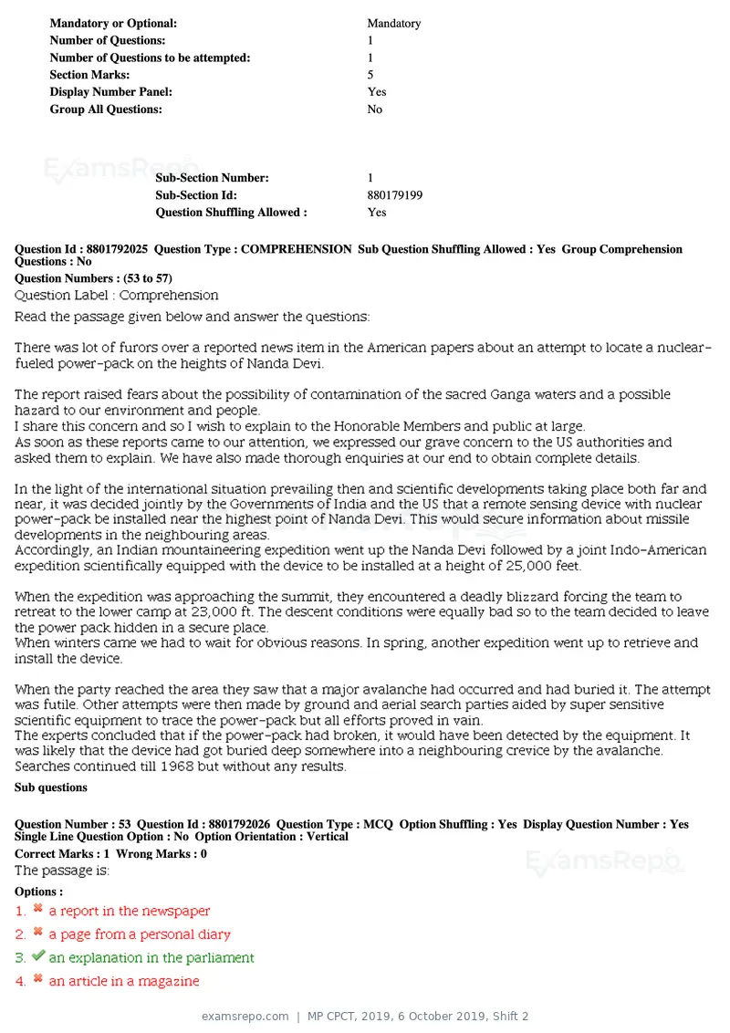 MP CPCT 2019 question paper, 6 October 2019, Shift 2, page 23 of 38