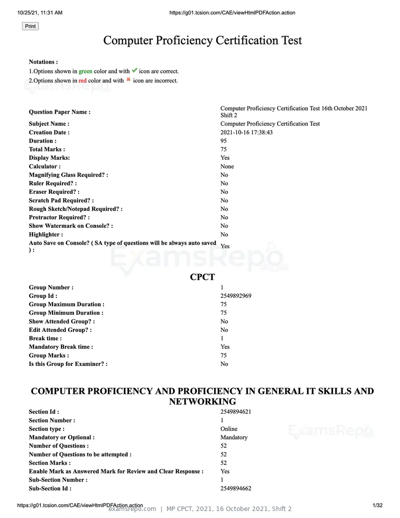 MP CPCT 2021 question paper, 16 October 2021, Shift 2, page 1 of 32