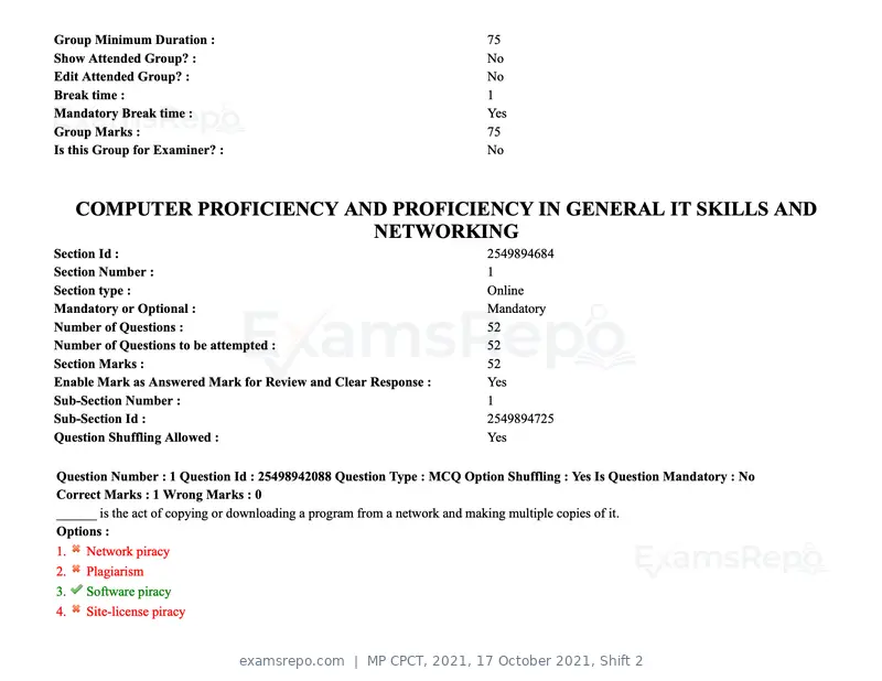MP CPCT 2021 question paper, 17 October 2021, Shift 2, page 2 of 55