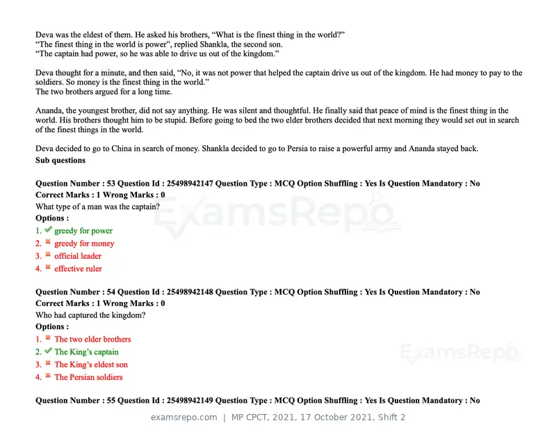 MP CPCT 2021 question paper, 17 October 2021, Shift 2, page 34 of 55