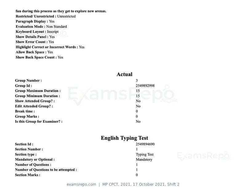 MP CPCT 2021 question paper, 17 October 2021, Shift 2, page 53 of 55