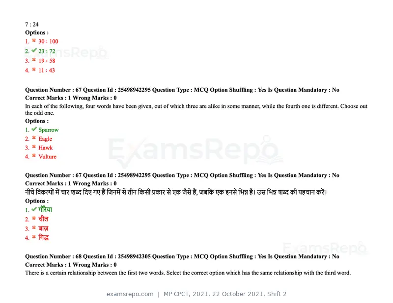 MP CPCT 2021 question paper, 22 October 2021, Shift 2, page 46 of 55