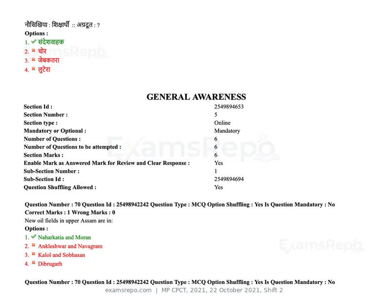 MP CPCT 2021 question paper, 22 October 2021, Shift 2, page 48 of 55