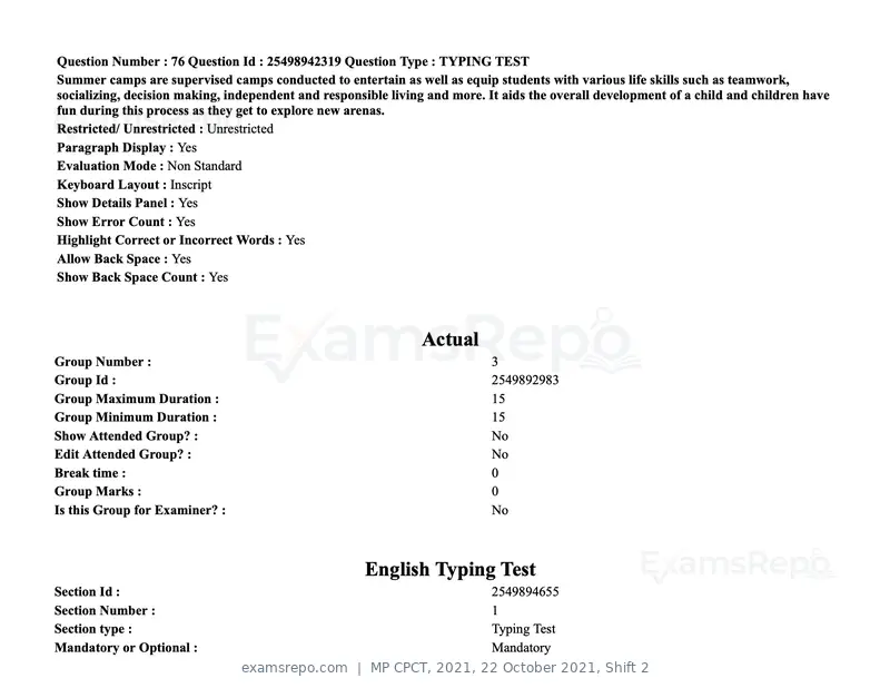 MP CPCT 2021 question paper, 22 October 2021, Shift 2, page 53 of 55