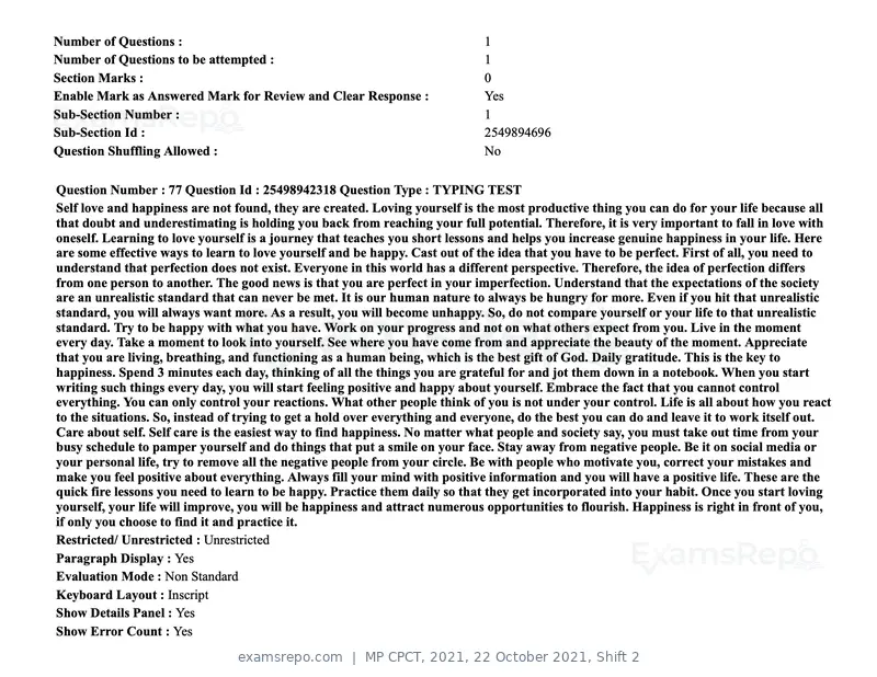MP CPCT 2021 question paper, 22 October 2021, Shift 2, page 54 of 55