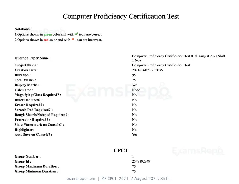 MP CPCT 2021 question paper, 7 August 2021, Shift 1, page 1 of 95