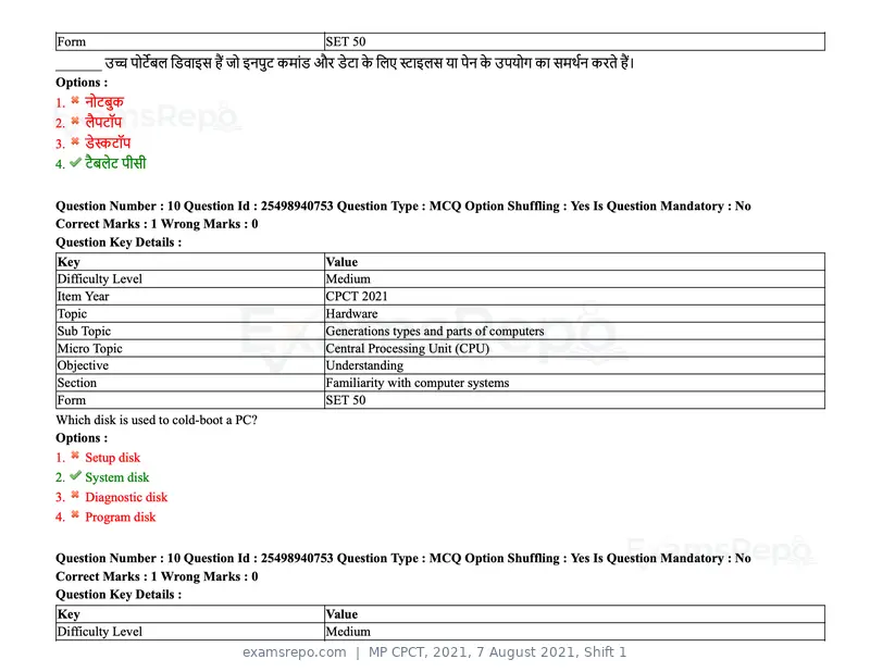 MP CPCT 2021 question paper, 7 August 2021, Shift 1, page 13 of 95