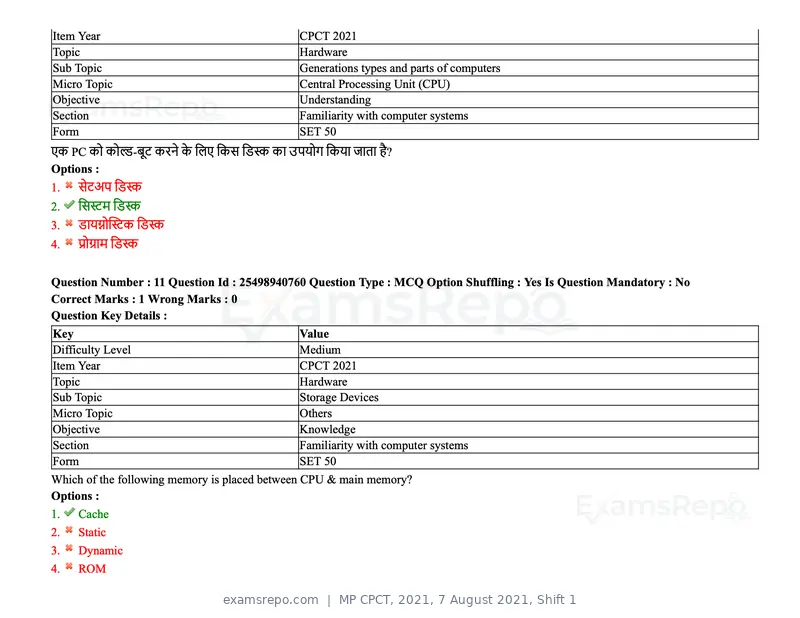 MP CPCT 2021 question paper, 7 August 2021, Shift 1, page 14 of 95