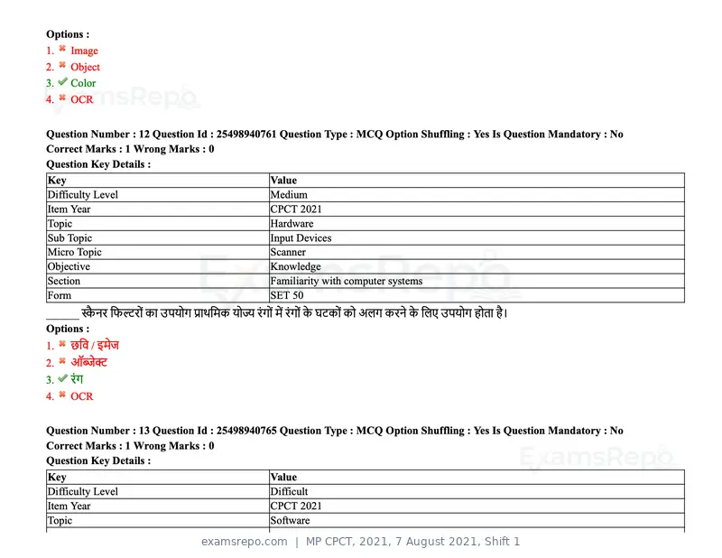 MP CPCT 2021 question paper, 7 August 2021, Shift 1, page 16 of 95