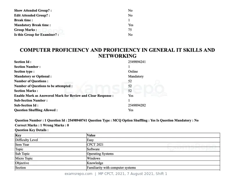 MP CPCT 2021 question paper, 7 August 2021, Shift 1, page 2 of 95