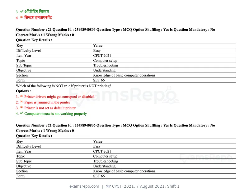 MP CPCT 2021 question paper, 7 August 2021, Shift 1, page 26 of 95