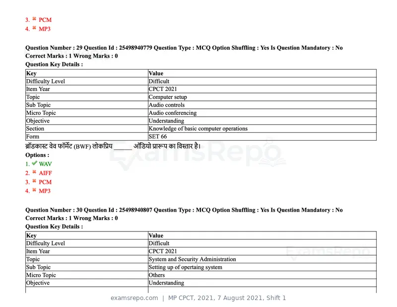 MP CPCT 2021 question paper, 7 August 2021, Shift 1, page 36 of 95