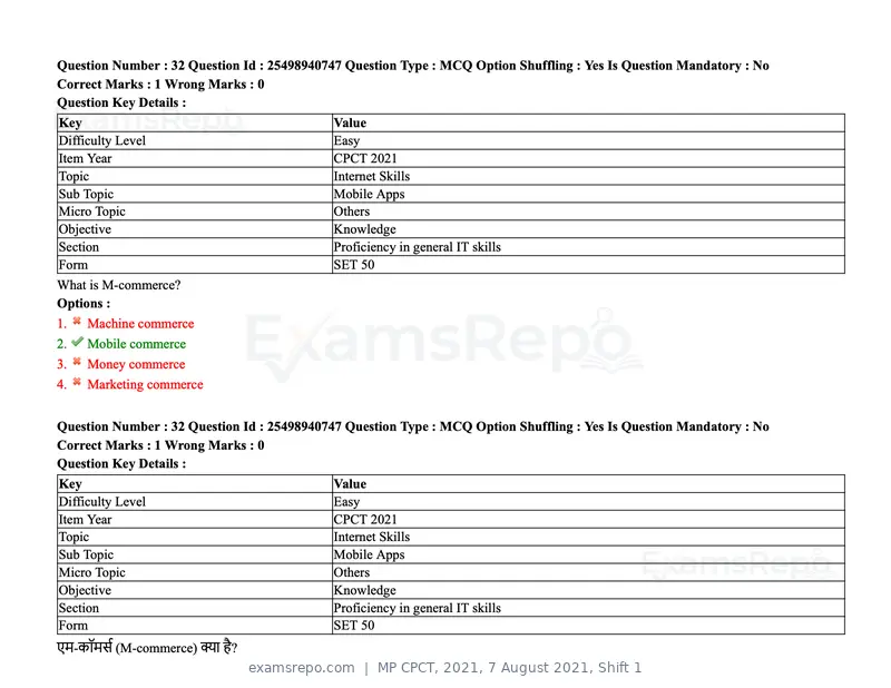 MP CPCT 2021 question paper, 7 August 2021, Shift 1, page 39 of 95