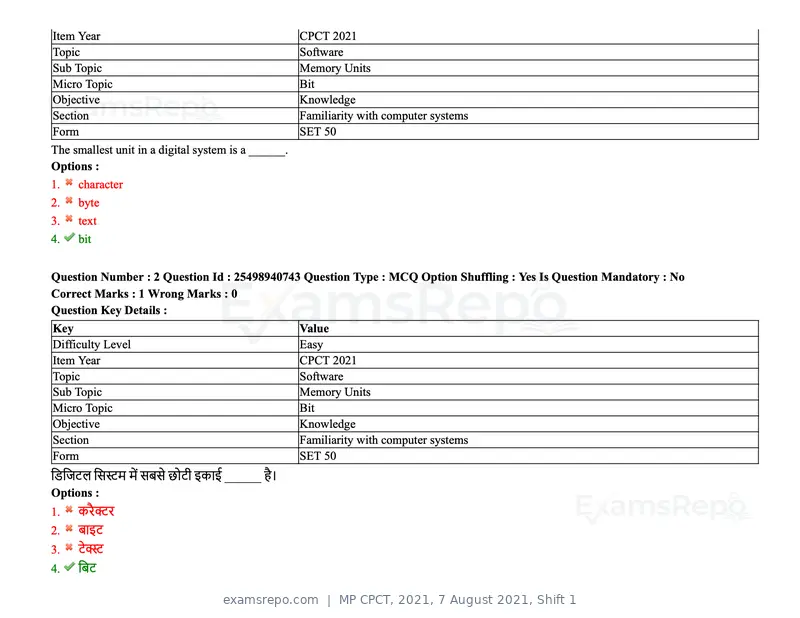 MP CPCT 2021 question paper, 7 August 2021, Shift 1, page 4 of 95