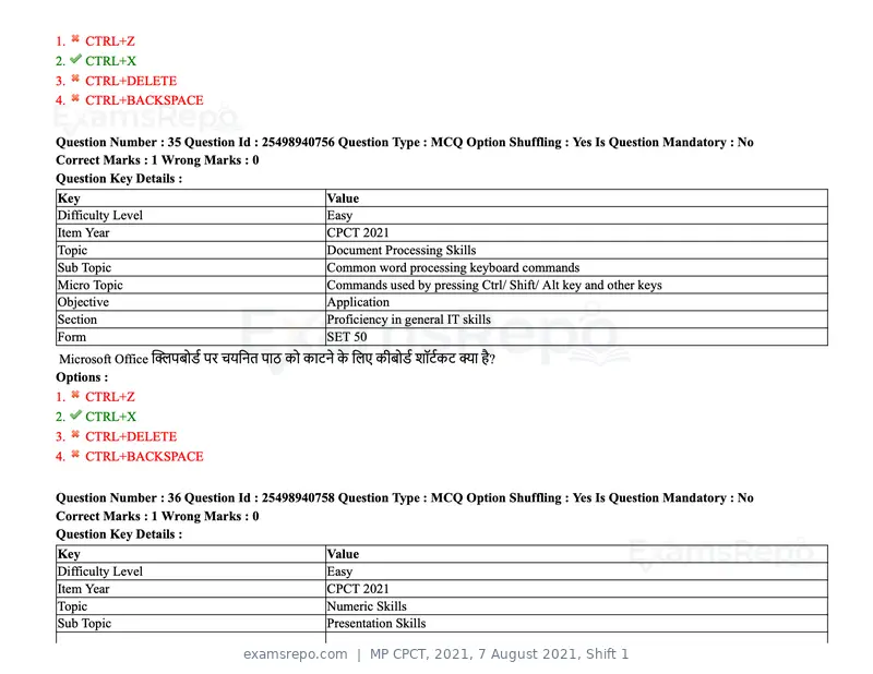 MP CPCT 2021 question paper, 7 August 2021, Shift 1, page 43 of 95