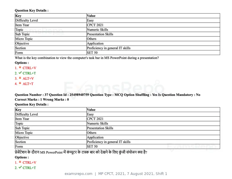 MP CPCT 2021 question paper, 7 August 2021, Shift 1, page 45 of 95
