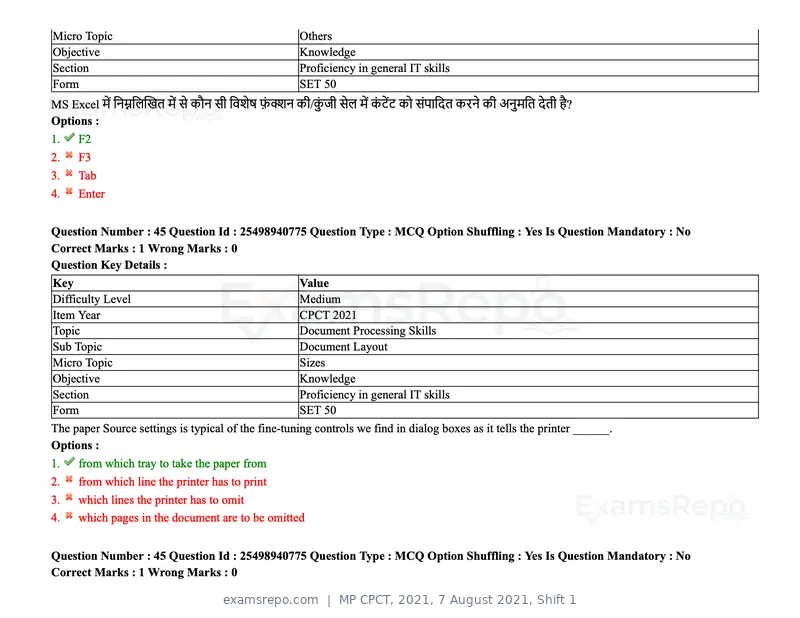 MP CPCT 2021 question paper, 7 August 2021, Shift 1, page 54 of 95