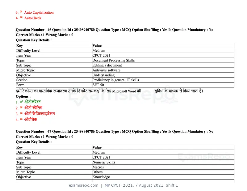 MP CPCT 2021 question paper, 7 August 2021, Shift 1, page 56 of 95
