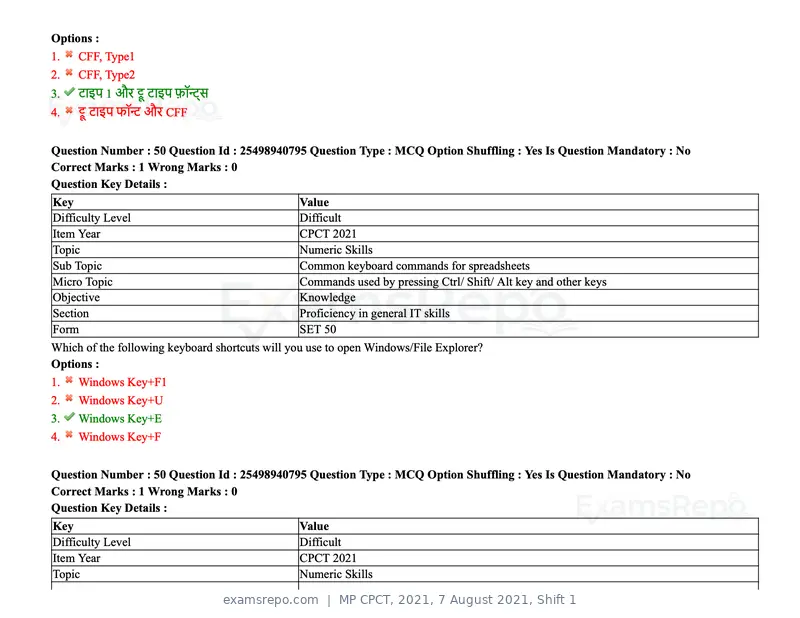 MP CPCT 2021 question paper, 7 August 2021, Shift 1, page 60 of 95