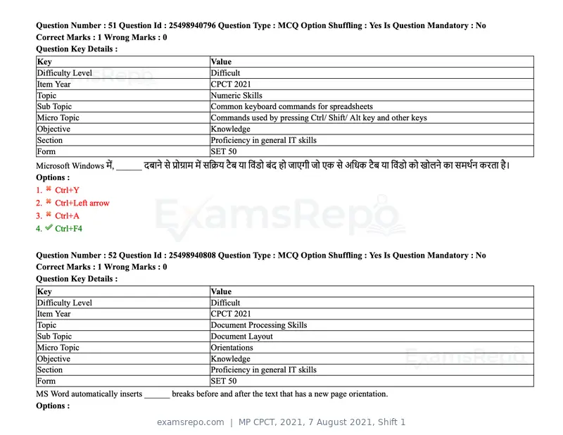 MP CPCT 2021 question paper, 7 August 2021, Shift 1, page 62 of 95