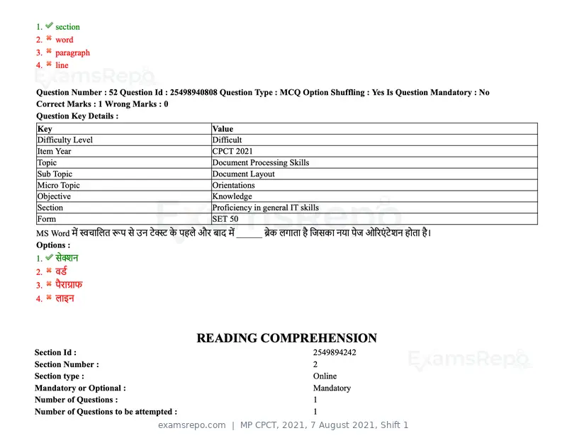 MP CPCT 2021 question paper, 7 August 2021, Shift 1, page 63 of 95