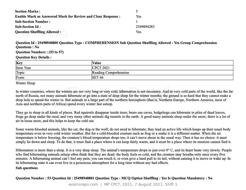 MP CPCT 2021 question paper, 7 August 2021, Shift 1, page 64 of 95
