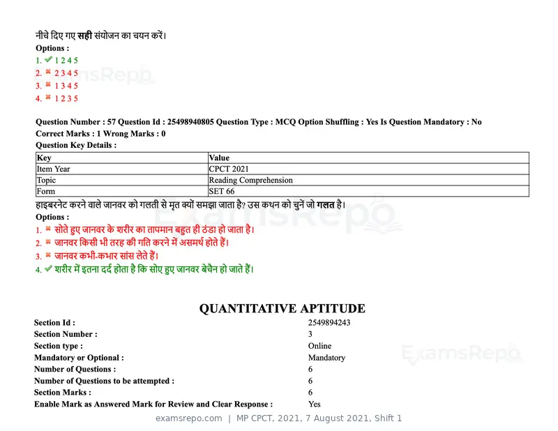 MP CPCT 2021 question paper, 7 August 2021, Shift 1, page 70 of 95