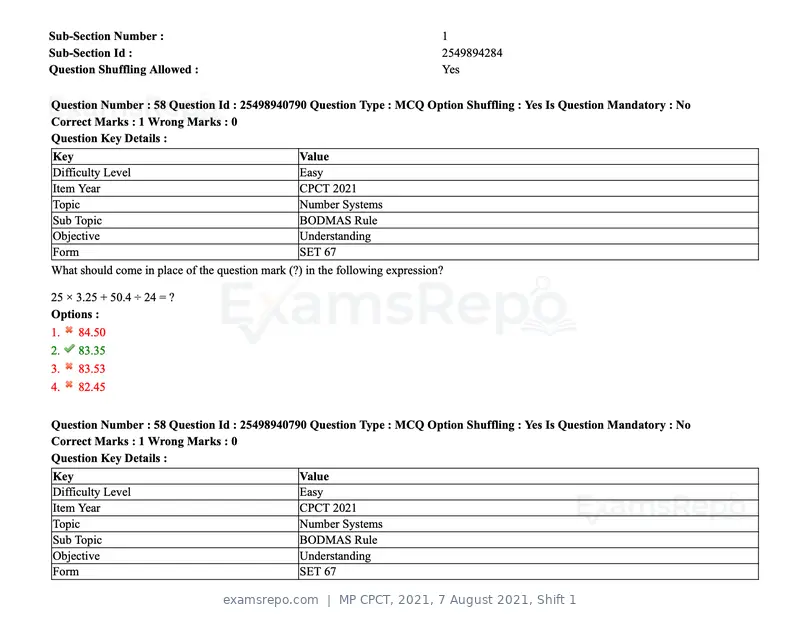 MP CPCT 2021 question paper, 7 August 2021, Shift 1, page 71 of 95