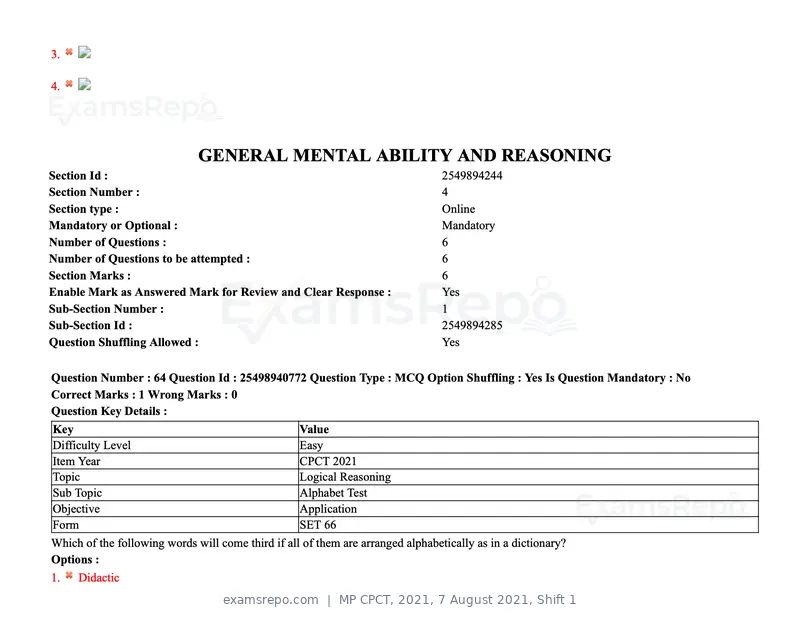 MP CPCT 2021 question paper, 7 August 2021, Shift 1, page 78 of 95