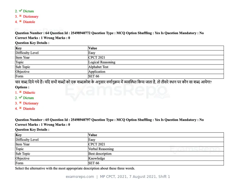 MP CPCT 2021 question paper, 7 August 2021, Shift 1, page 79 of 95