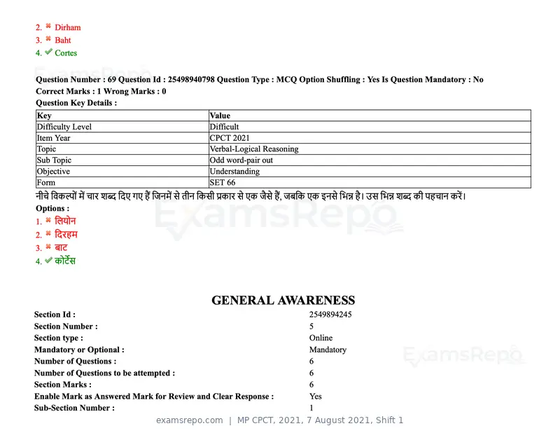 MP CPCT 2021 question paper, 7 August 2021, Shift 1, page 85 of 95