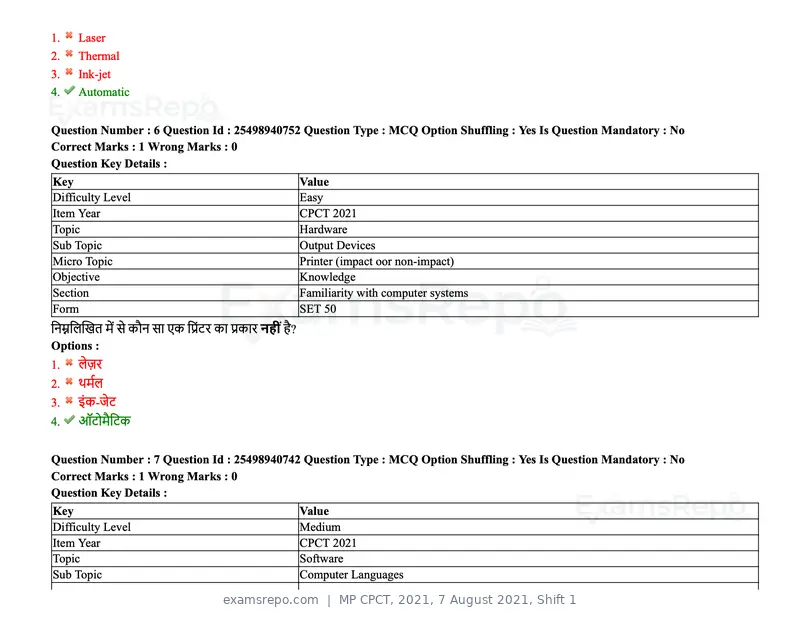 MP CPCT 2021 question paper, 7 August 2021, Shift 1, page 9 of 95