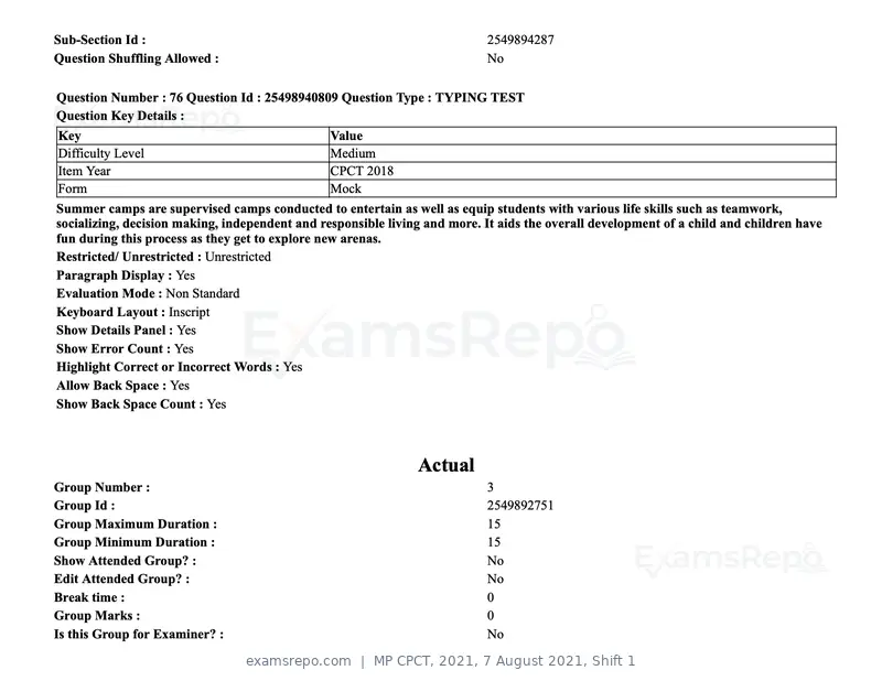 MP CPCT 2021 question paper, 7 August 2021, Shift 1, page 93 of 95