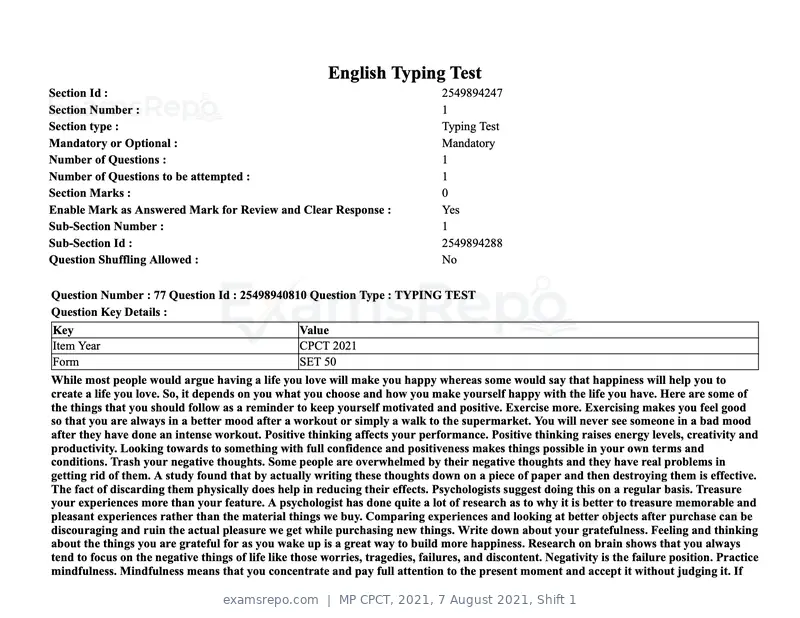 MP CPCT 2021 question paper, 7 August 2021, Shift 1, page 94 of 95