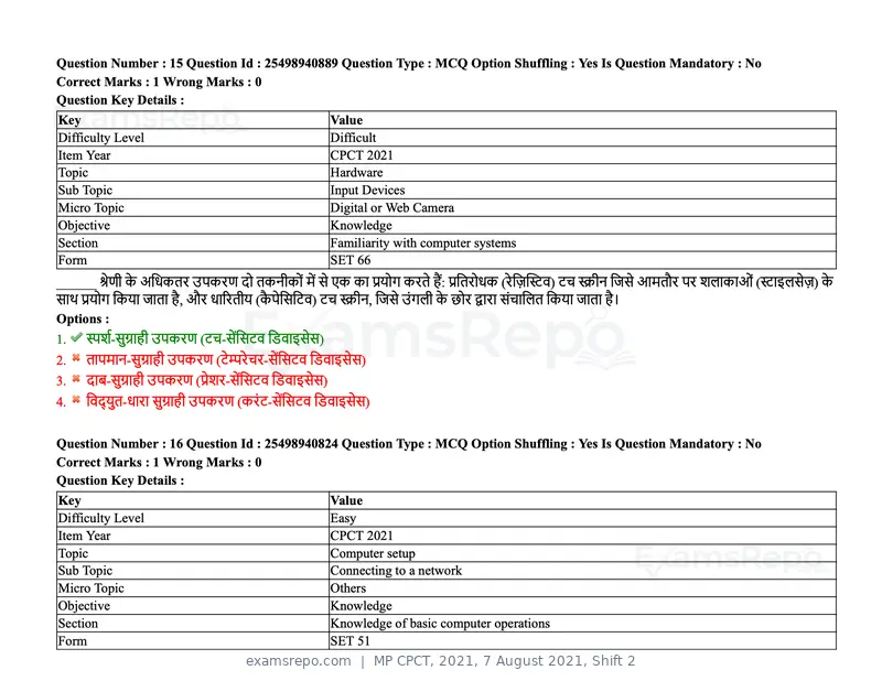 MP CPCT 2021 question paper, 7 August 2021, Shift 2, page 20 of 94