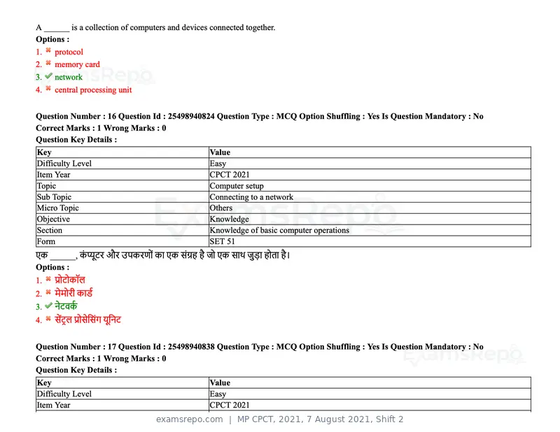 MP CPCT 2021 question paper, 7 August 2021, Shift 2, page 21 of 94